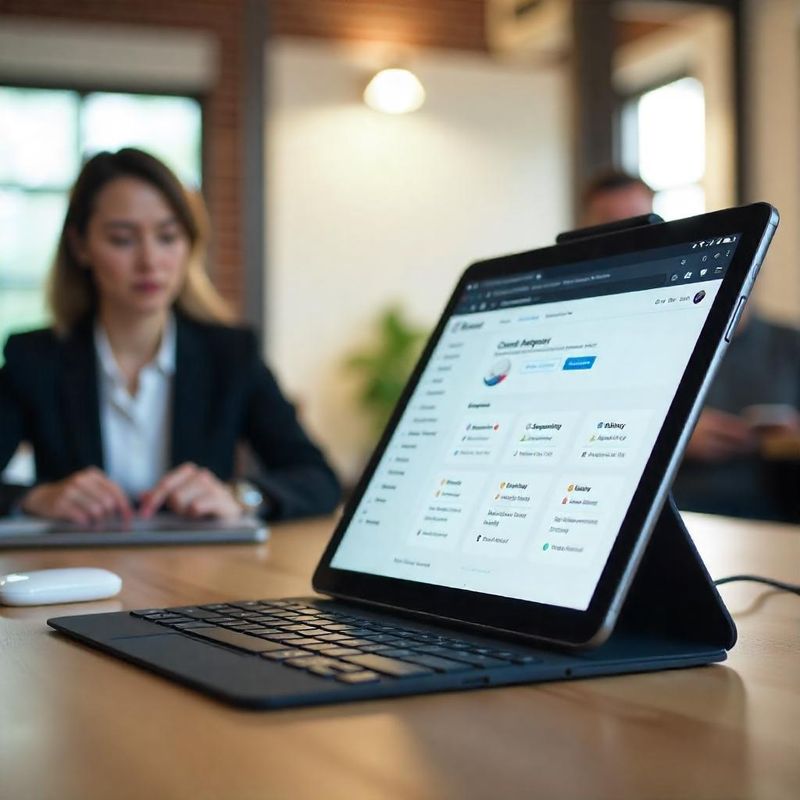 Femme travaillant sur une tablette affichant un site web