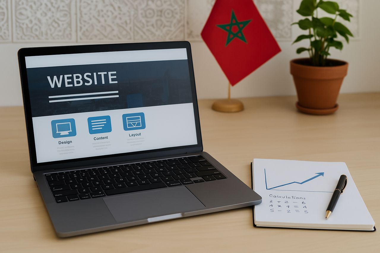 Ordinateur portable affichant une maquette de site web, drapeau du Maroc en arrière-plan