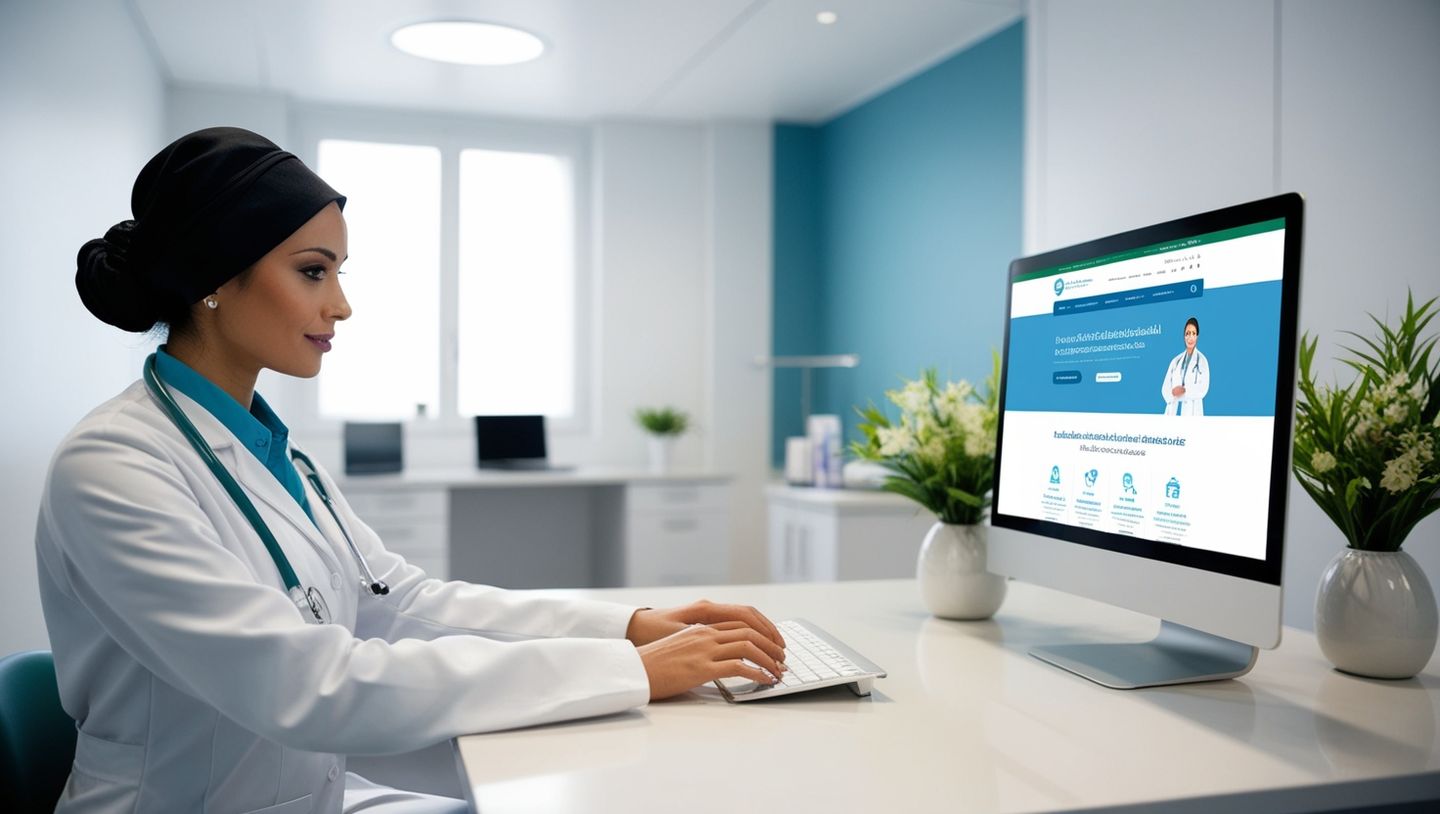 Médecin consultant le site internet de son cabinet sur un ordinateur