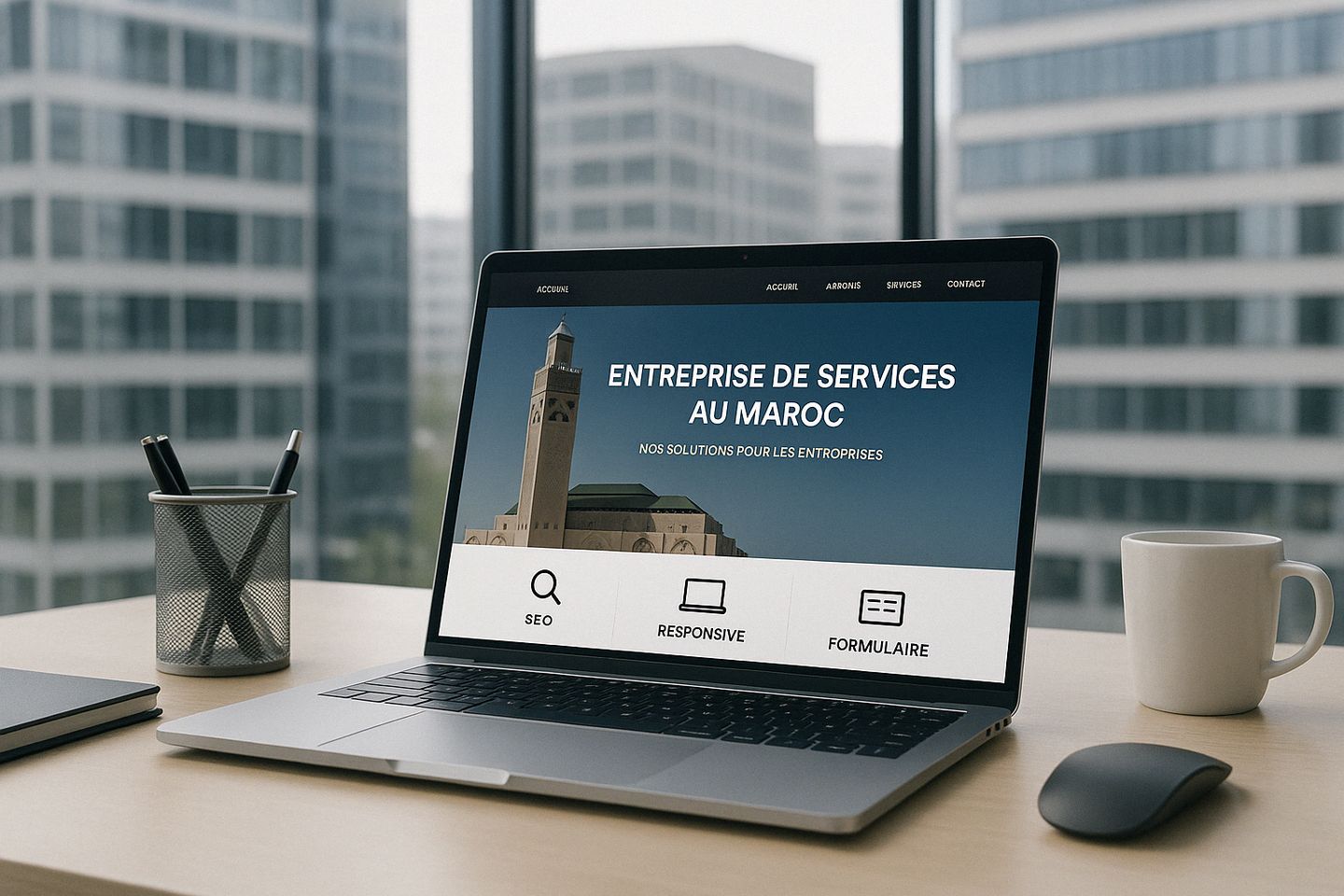 Ordinateur portable affichant le site d’une entreprise de services au Maroc